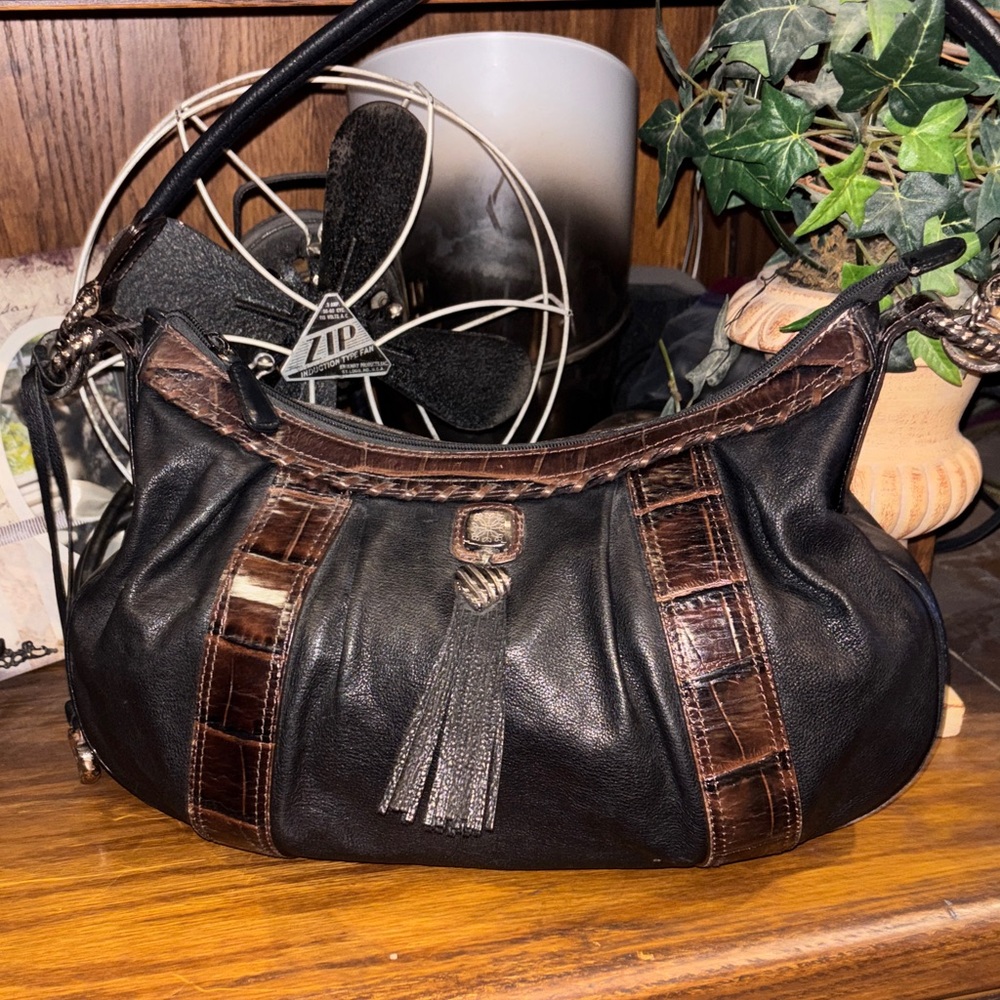 Brighton Hobo Handbag Black With Brown Trim - Great Detail